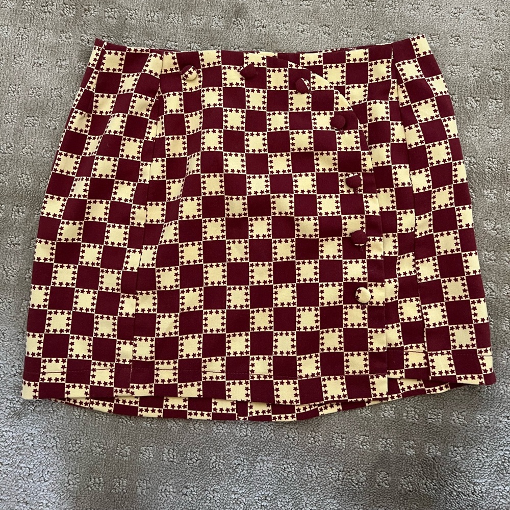 Urban Outfitters Maroon and Sand Checkered button mini skirt with stars